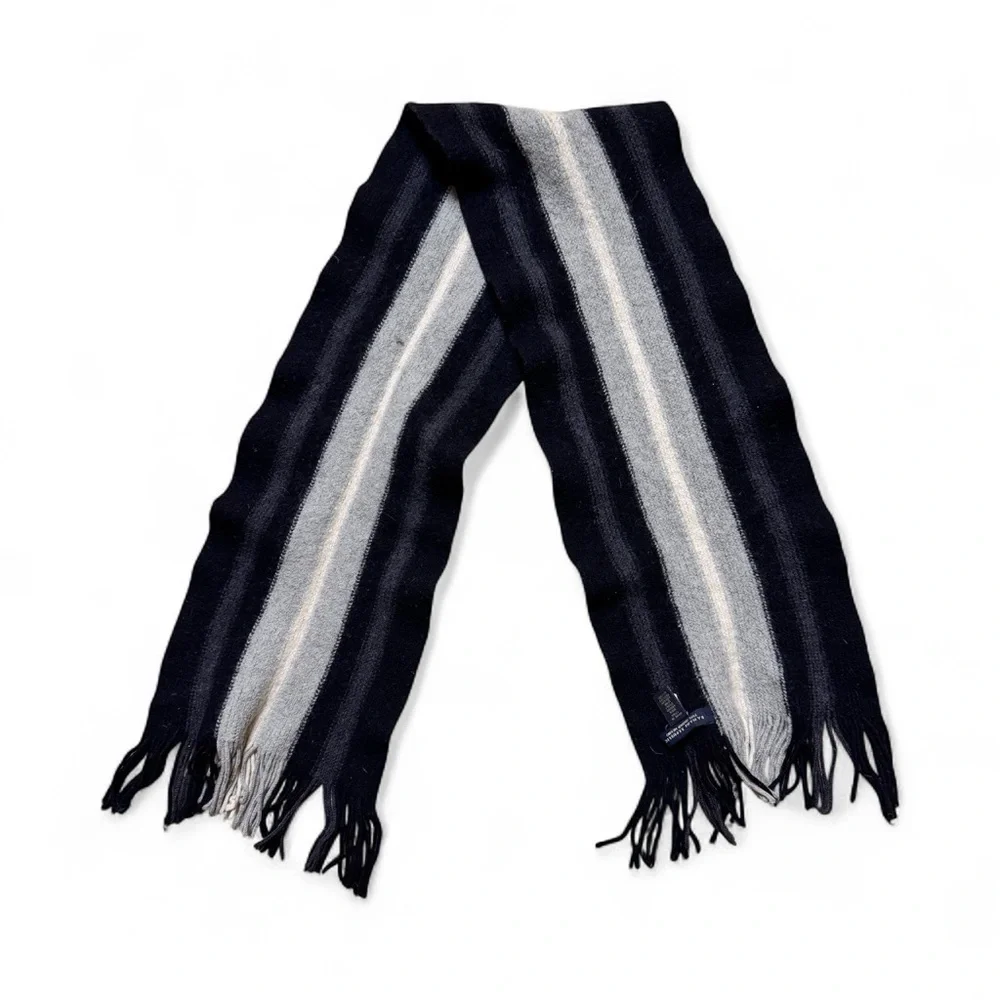 Banana Republic Merino Wool Blend Striped Fringe Scarf Black Gray Cream Unisex